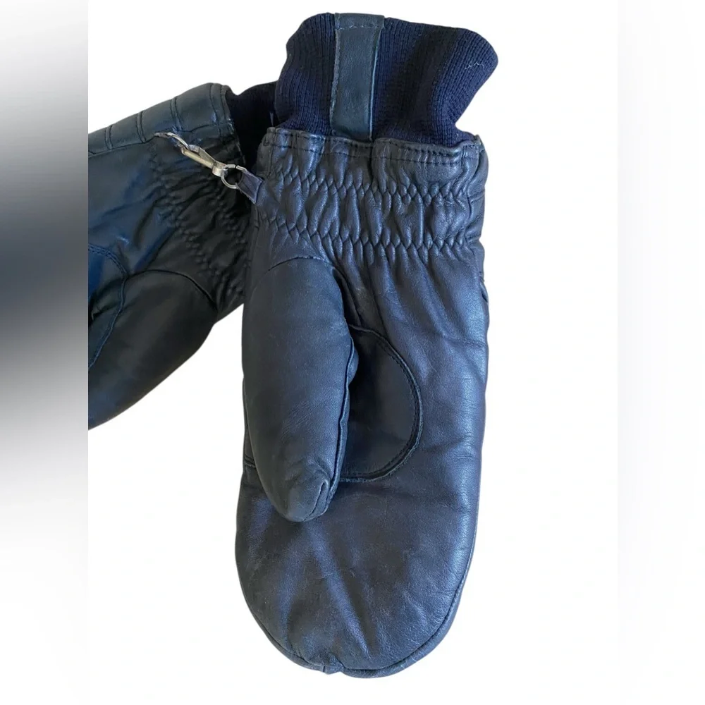 VINTAGE SARAMAC INSULATED BLUE LEATHER SKI MITTENS. One Size Fits up to Size XL